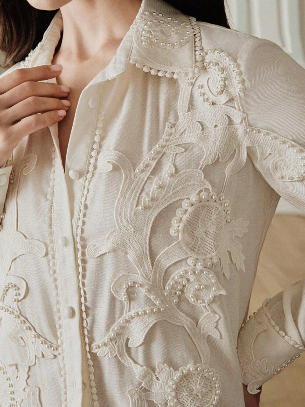 Beige Elegant Women's Embroidered Long Sleeve Blouse